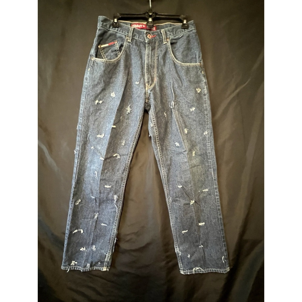 TOMMY HILFIGER Mens Jeans 29x32 Distressed Grunge Y2K Denim Straight Leg Raw He